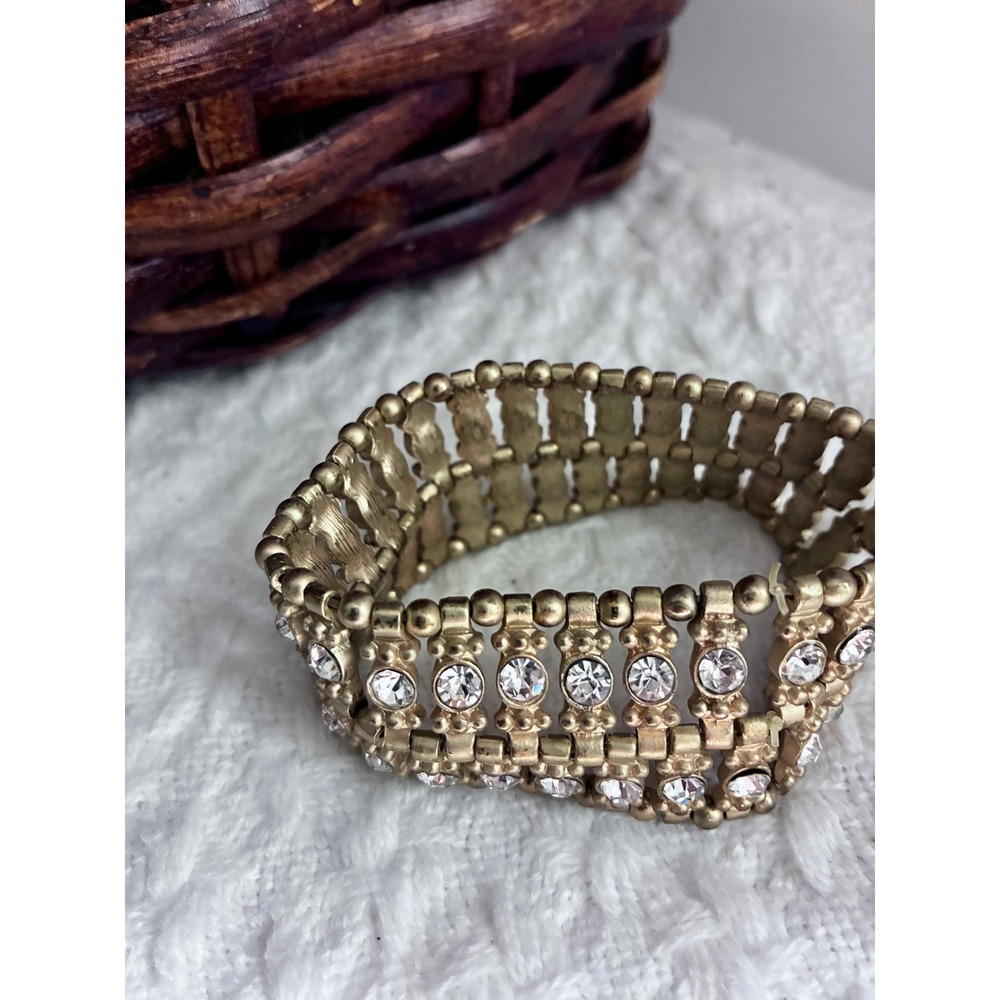 Gold Tone Rhinestone Stretch Bracelet Wide Statement Cuff Vintage Style